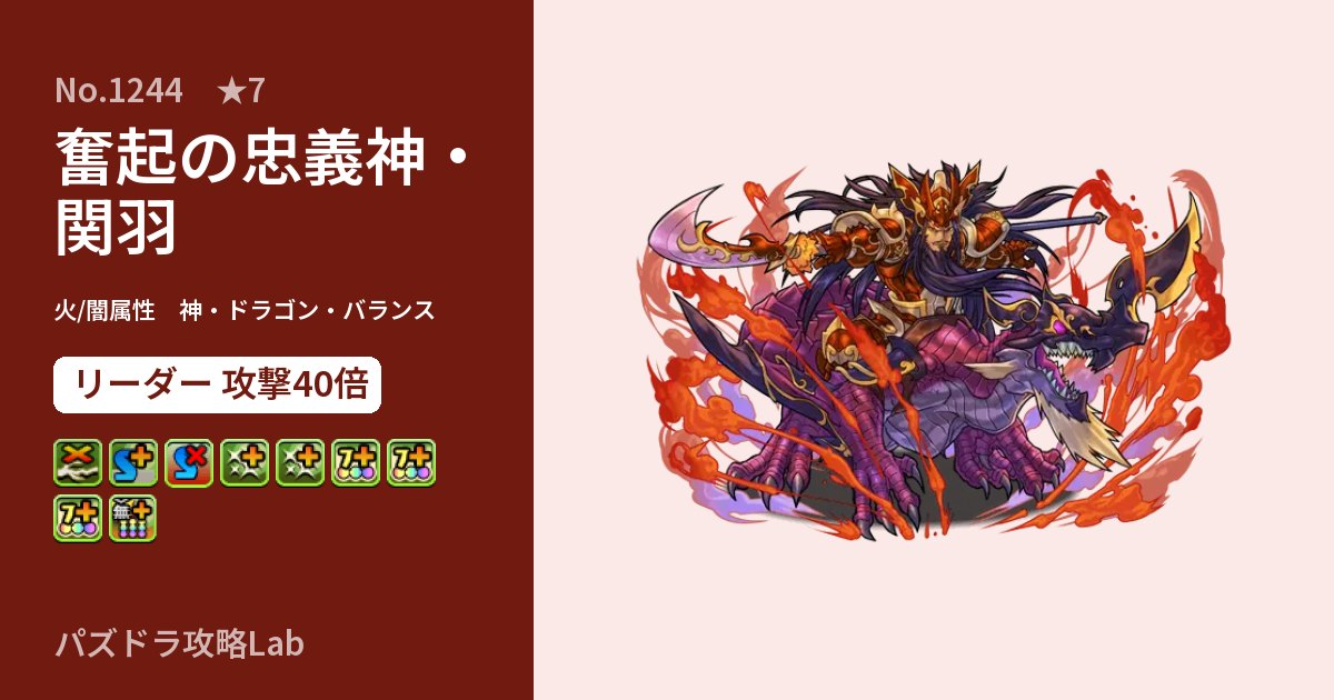 【パズドラ】奮起の忠義神・関羽の性能・覚醒・スキルのアイキャッチ
