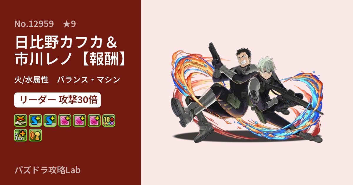 【パズドラ】日比野カフカ＆市川レノ【報酬】の性能・覚醒・スキルのアイキャッチ