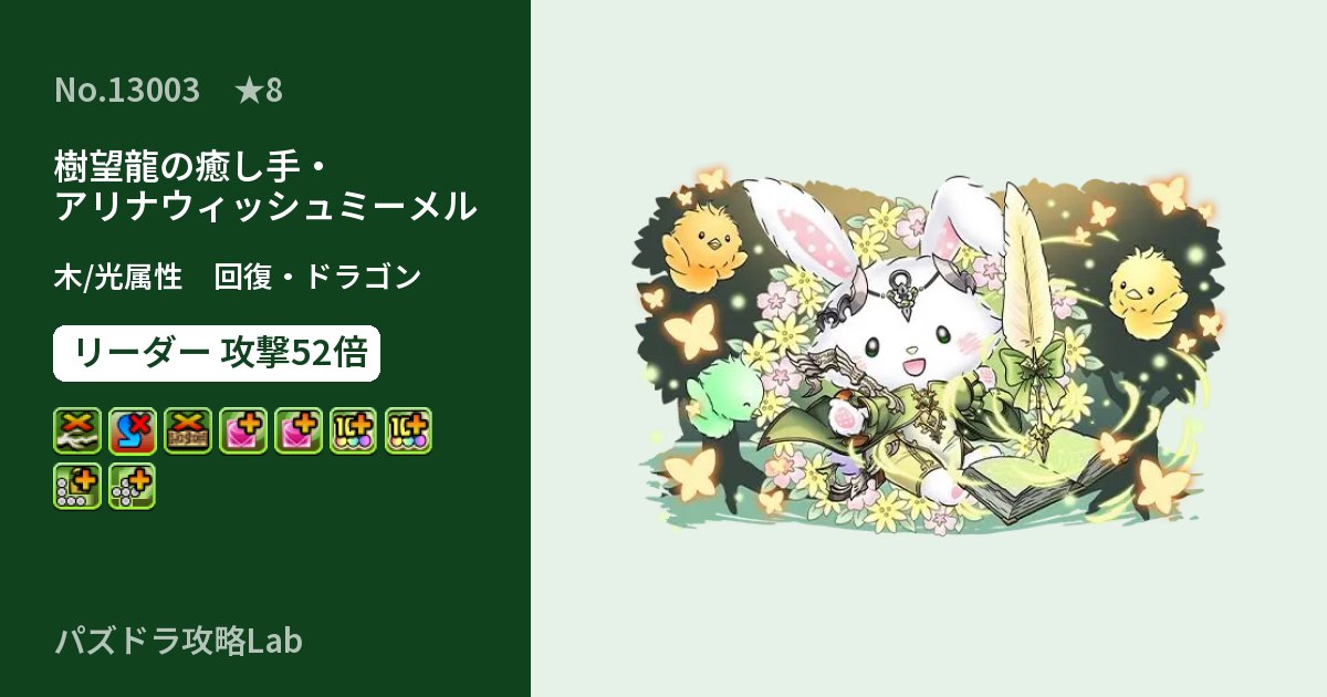 【パズドラ】樹望龍の癒し手・アリナウィッシュミーメルの性能・覚醒・スキルのアイキャッチ