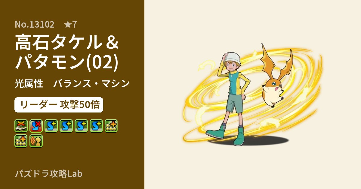 【パズドラ】高石タケル＆パタモン(02)の性能・覚醒・スキルのアイキャッチ