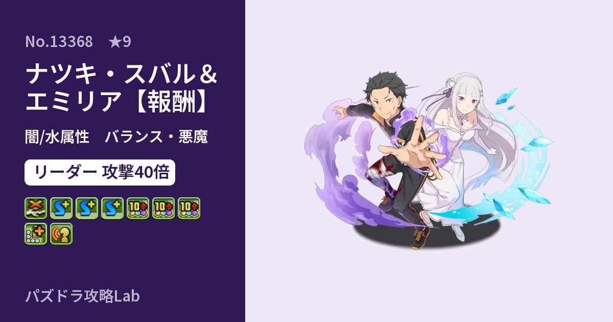【パズドラ】ナツキ・スバル＆エミリア【報酬】の性能・覚醒・スキルのアイキャッチ
