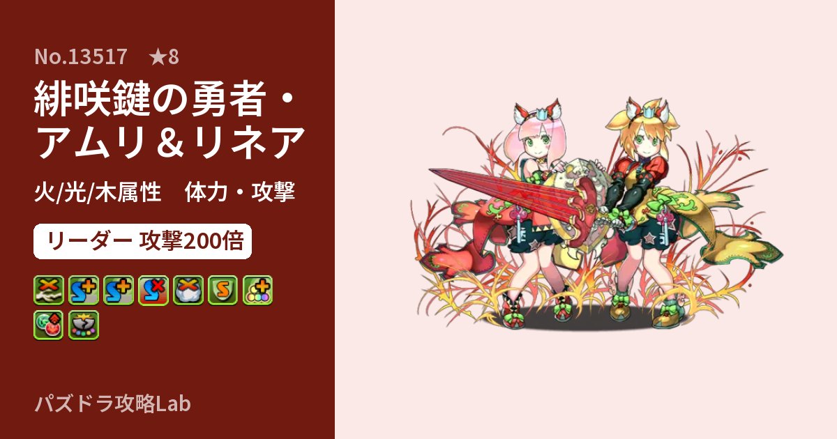 【パズドラ】緋咲鍵の勇者・アムリ＆リネアの性能・覚醒・スキルのアイキャッチ