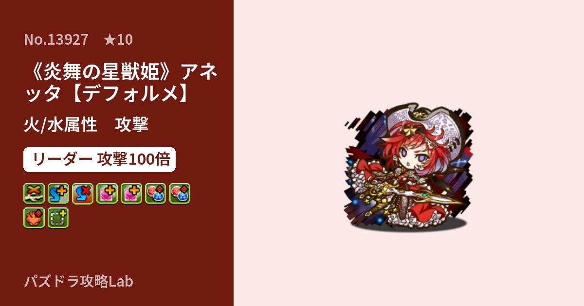 【パズドラ】《炎舞の星獣姫》アネッタ【デフォルメ】の性能・覚醒・スキルのアイキャッチ