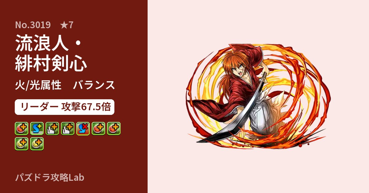 【パズドラ】流浪人・緋村剣心の性能・覚醒・スキルのアイキャッチ