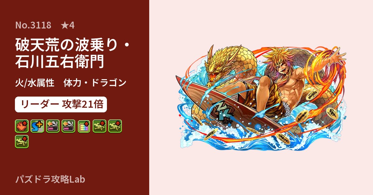 【パズドラ】破天荒の波乗り・石川五右衛門の性能・覚醒・スキルのアイキャッチ