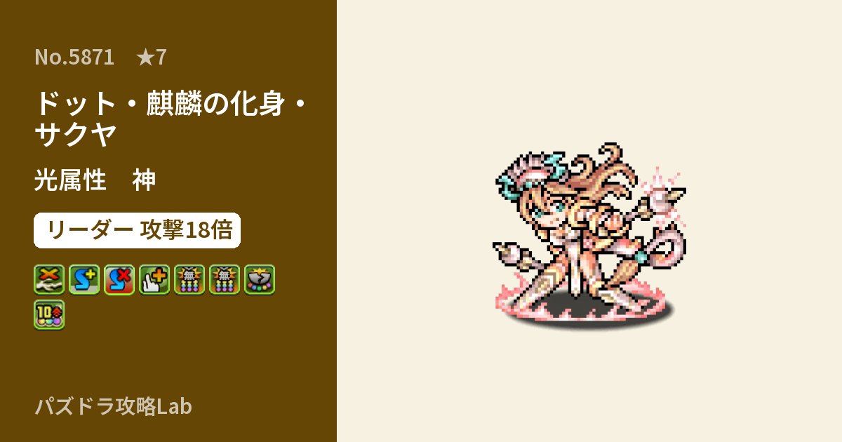 【パズドラ】ドット・麒麟の化身・サクヤの性能・覚醒・スキルのアイキャッチ