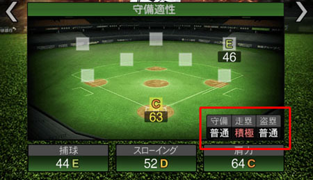 選手の画面(守備・走塁・盗塁の傾向が赤枠で示された例)