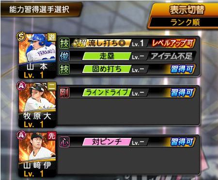 特殊能力を習得する選手を選ぶ画面