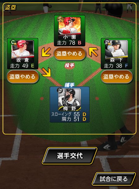 作戦画面で走者に盗塁を指示する画面