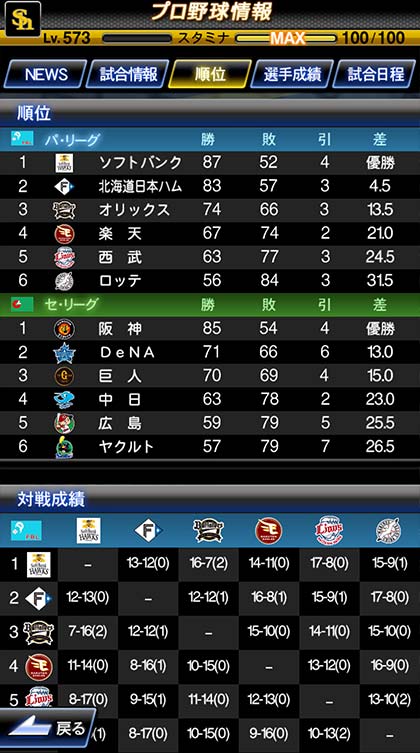 プロ野球情報の画面(上にNEWS・試合情報・順位・選手成績・試合日程のボタンが並ぶ)