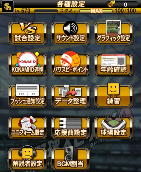 各種設定の画面の例