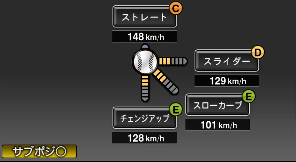 今永 昇太の球種（ゲーム内の画面）