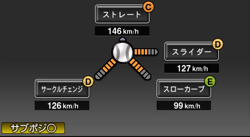 石田 健大の球種（ゲーム内の画面）