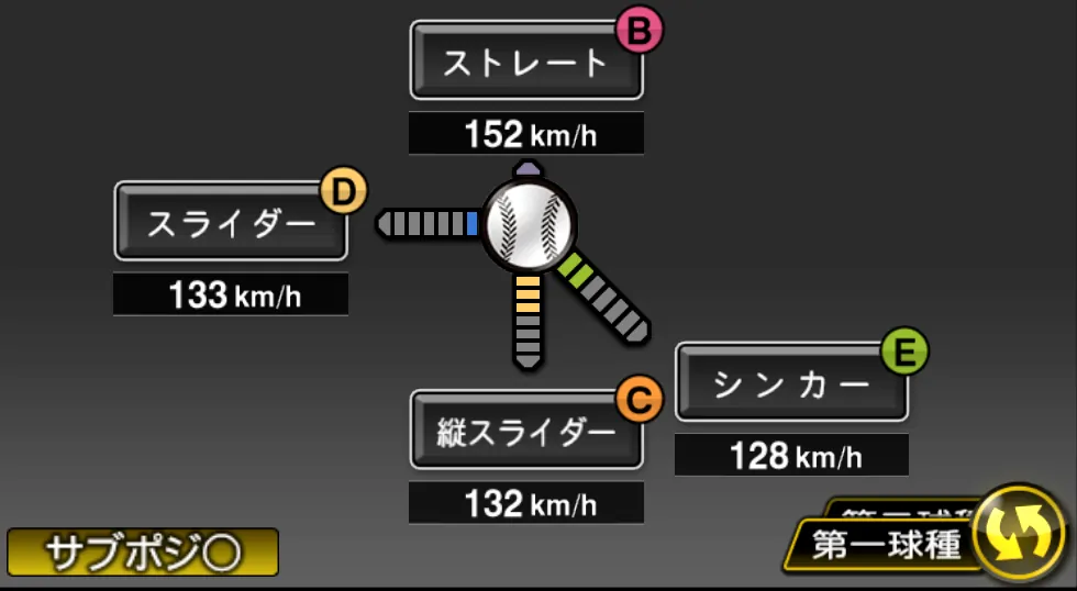 パットンの球種（ゲーム内の画面）
