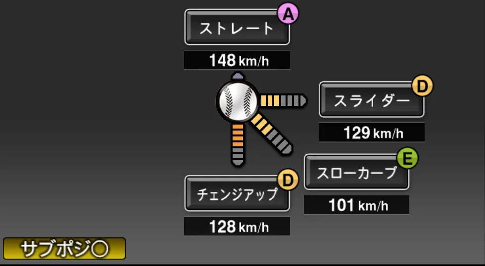 今永 昇太の球種（ゲーム内の画面）