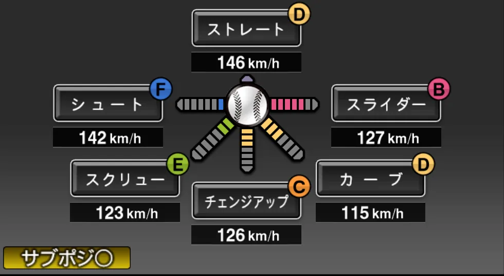 砂田 毅樹の球種（ゲーム内の画面）