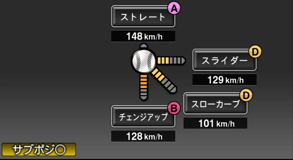 今永 昇太の球種（ゲーム内の画面）