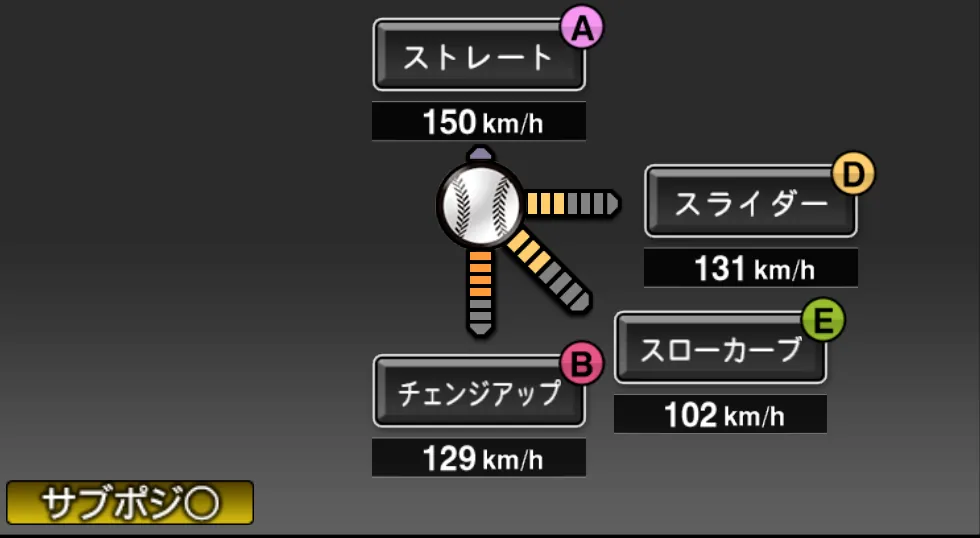今永 昇太の球種(ゲーム内の画面)