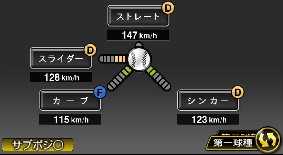 平良 拳太郎の球種（ゲーム内の画面）