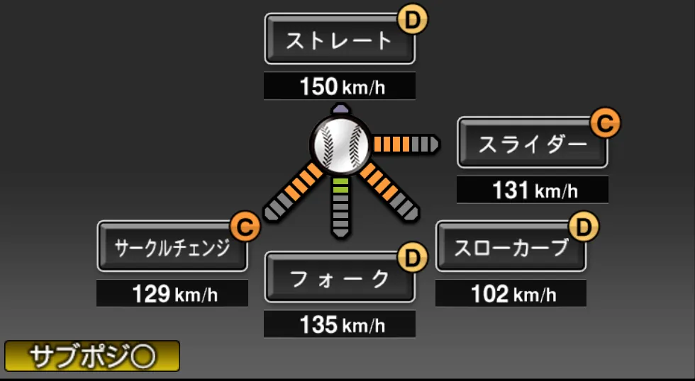 石田 健大の球種（ゲーム内の画面）