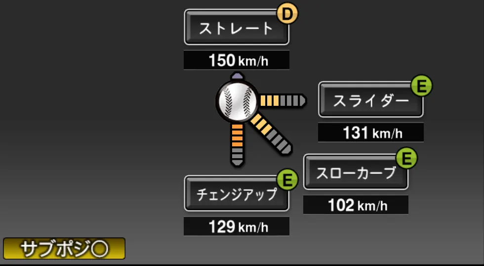 今永 昇太の球種（ゲーム内の画面）