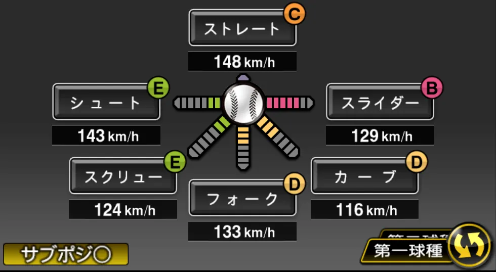 砂田 毅樹の球種（ゲーム内の画面）