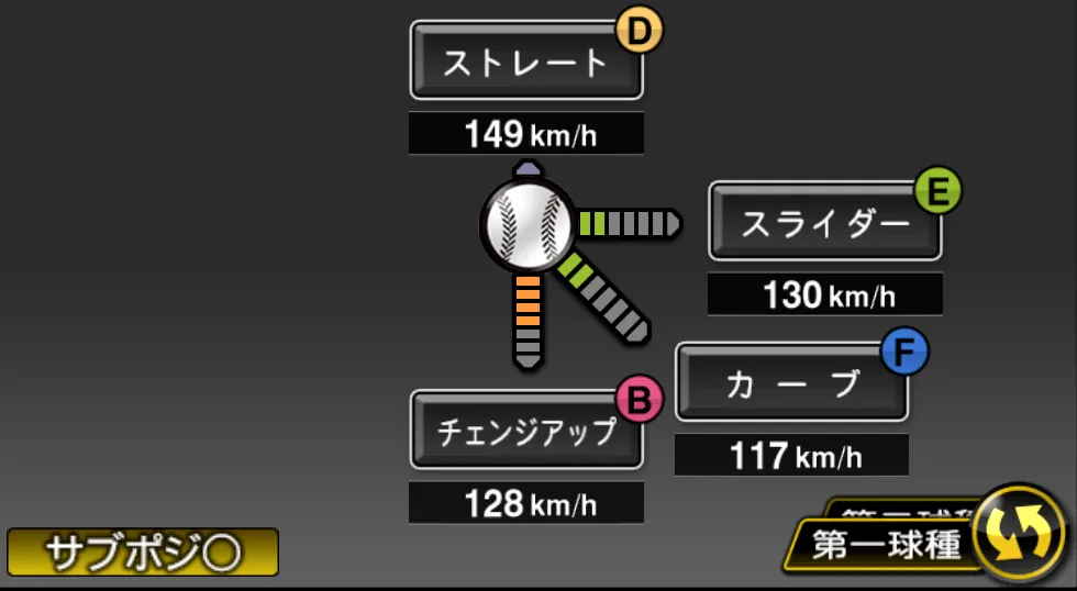 濵口 遥大の球種（ゲーム内の画面）