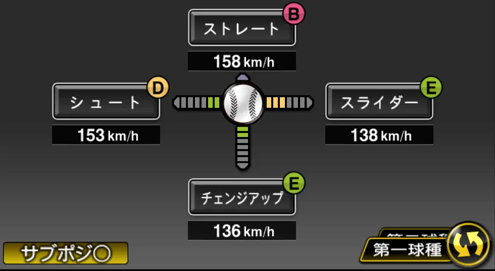 エスコバーの球種(ゲーム内の画面)
