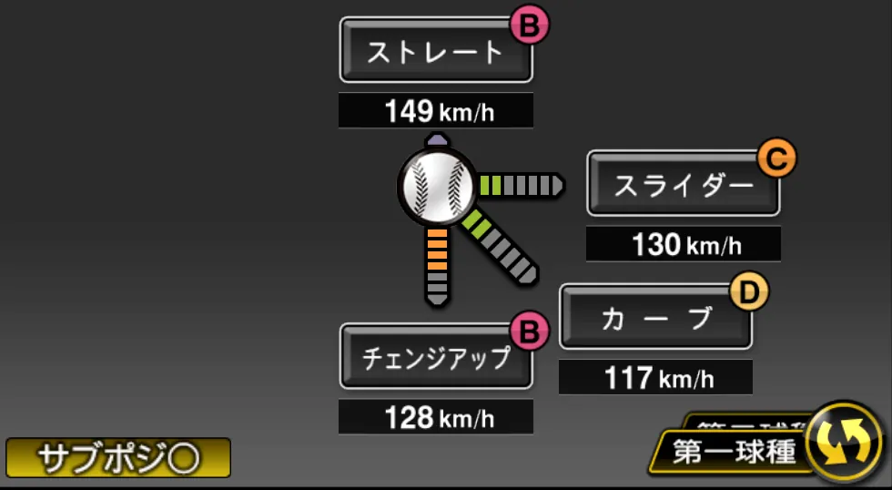 濵口 遥大の球種（ゲーム内の画面）