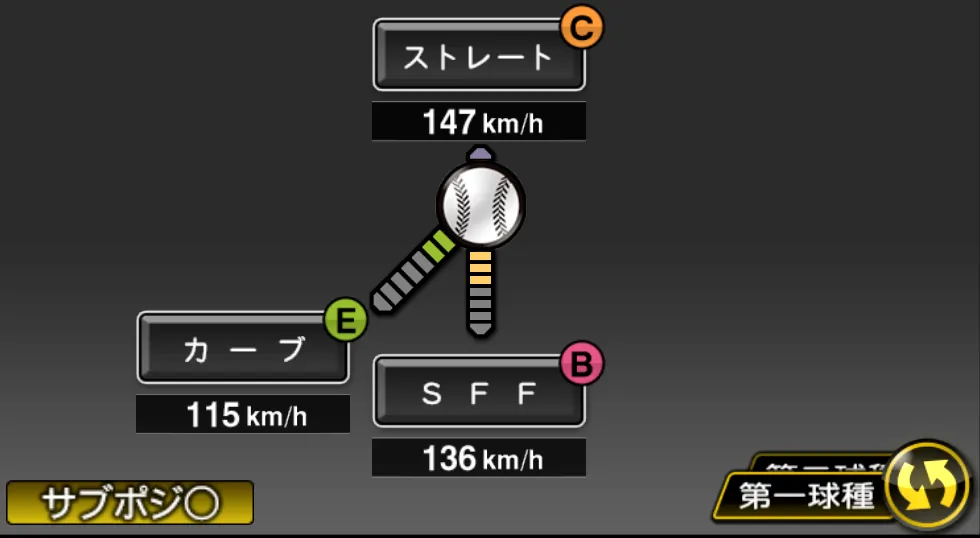 遠藤 一彦の球種（ゲーム内の画面）