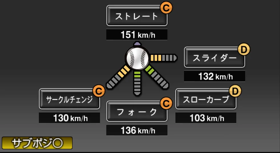 石田 健大の球種（ゲーム内の画面）