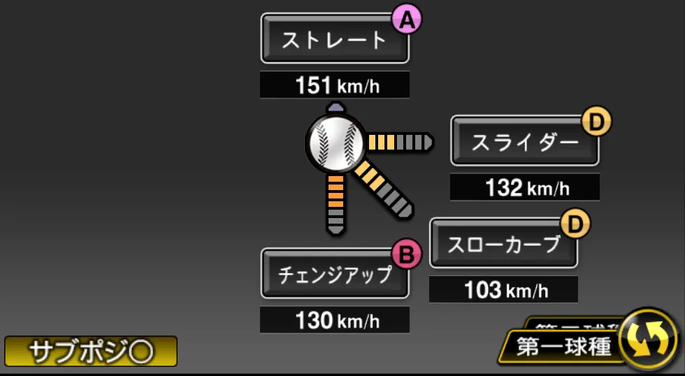 今永 昇太の球種（ゲーム内の画面）