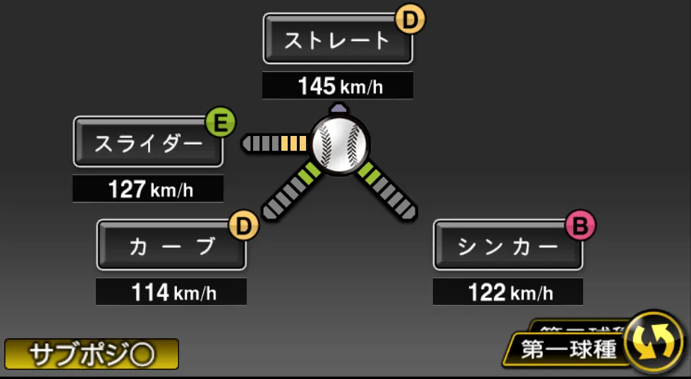 平良 拳太郎の球種(ゲーム内の画面)