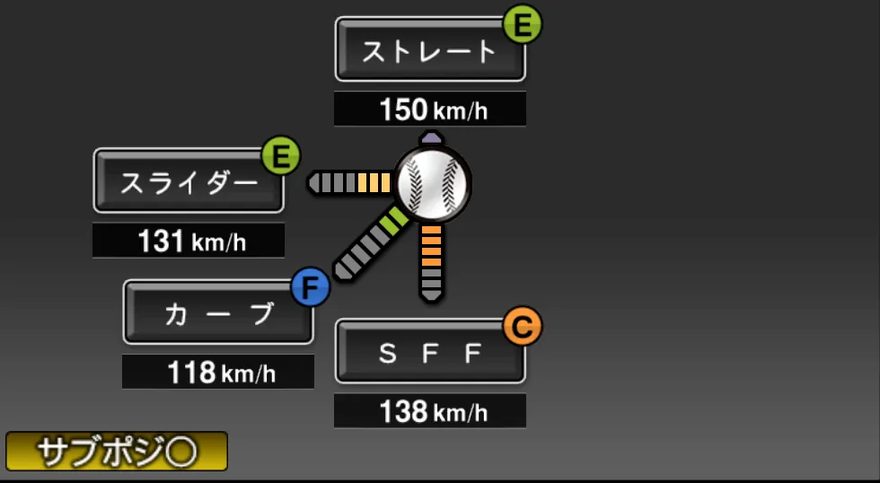 井納 翔一の球種（ゲーム内の画面）