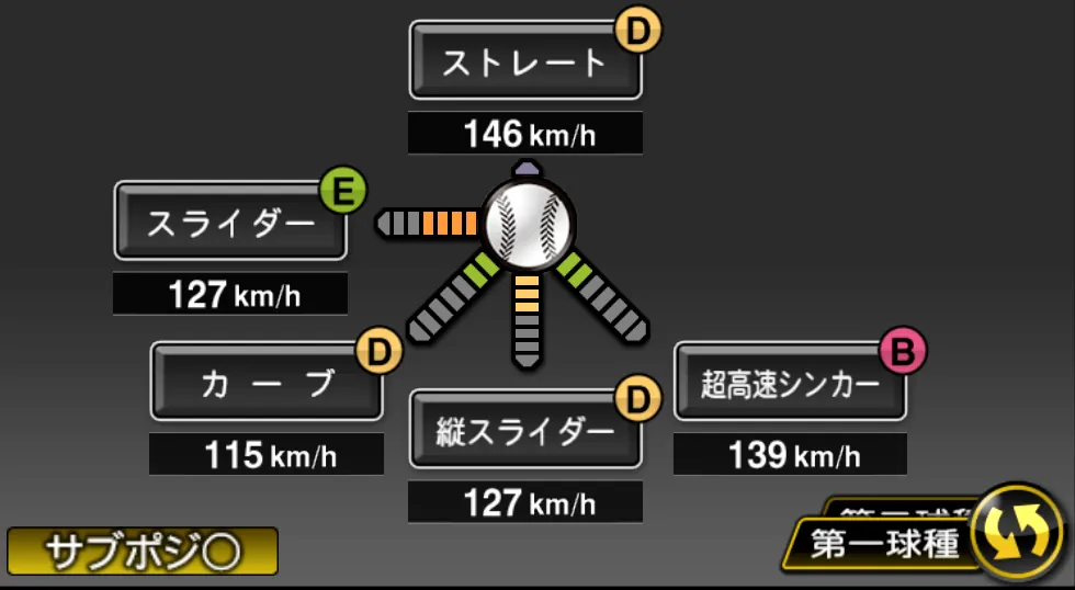 平良 拳太郎の球種（ゲーム内の画面）