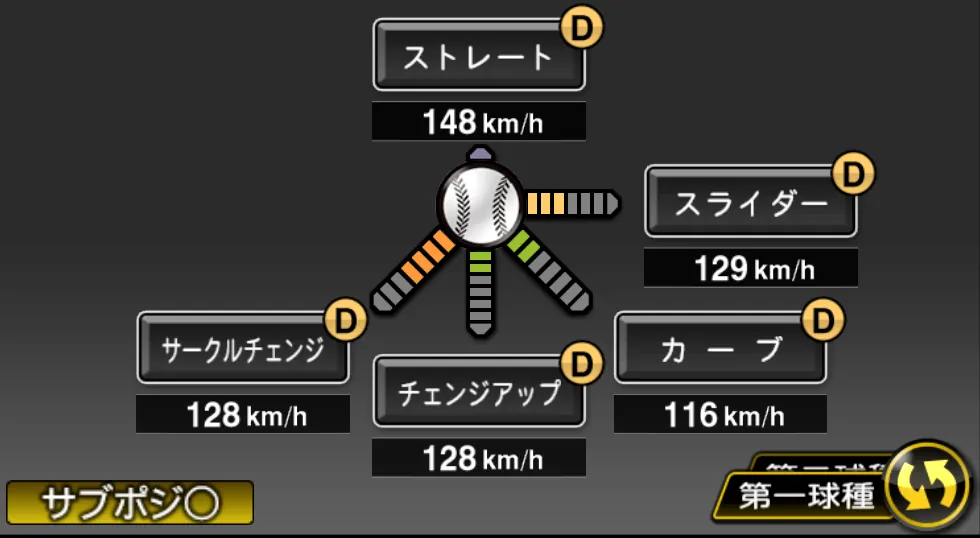坂本 裕哉の球種(ゲーム内の画面)
