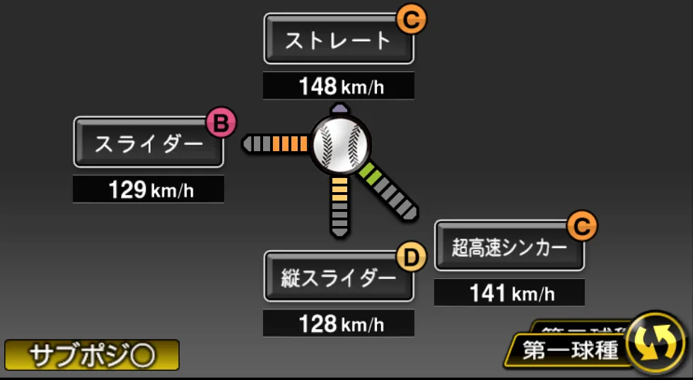 平良 拳太郎の球種（ゲーム内の画面）