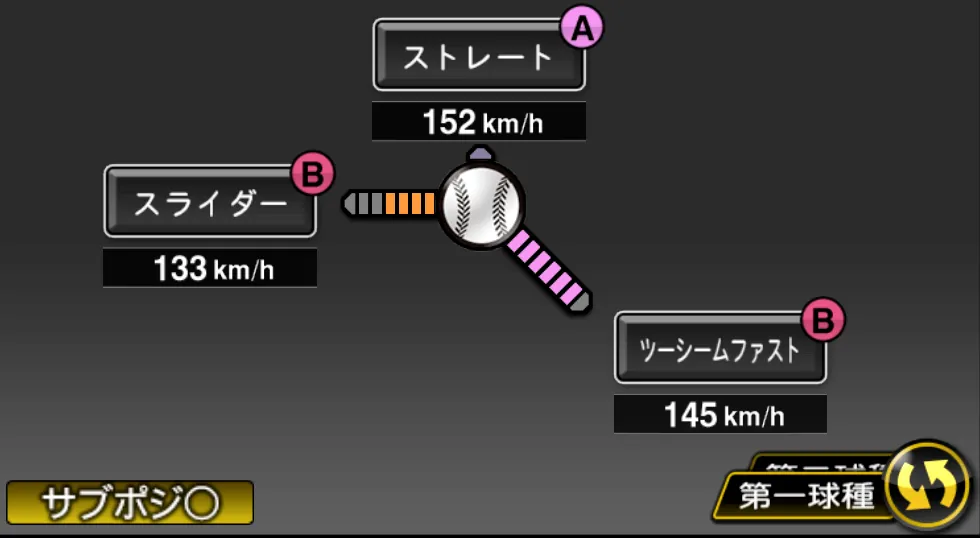 山﨑 康晃の球種（ゲーム内の画面）