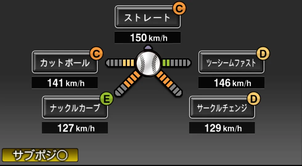 ピープルズの球種（ゲーム内の画面）