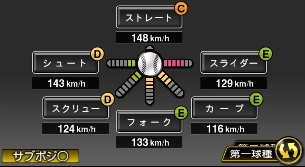 砂田 毅樹の球種（ゲーム内の画面）