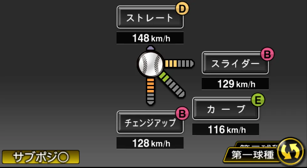 濵口 遥大の球種（ゲーム内の画面）