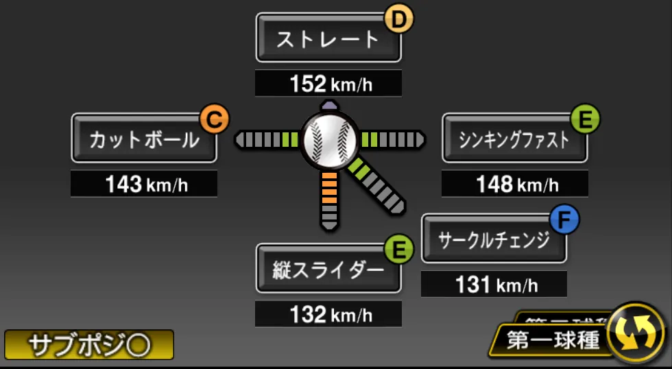 小園 健太の球種(ゲーム内の画面)