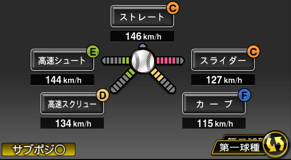 砂田 毅樹の球種（ゲーム内の画面）