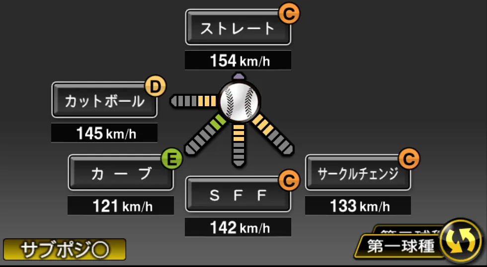 京山 将弥の球種（ゲーム内の画面）