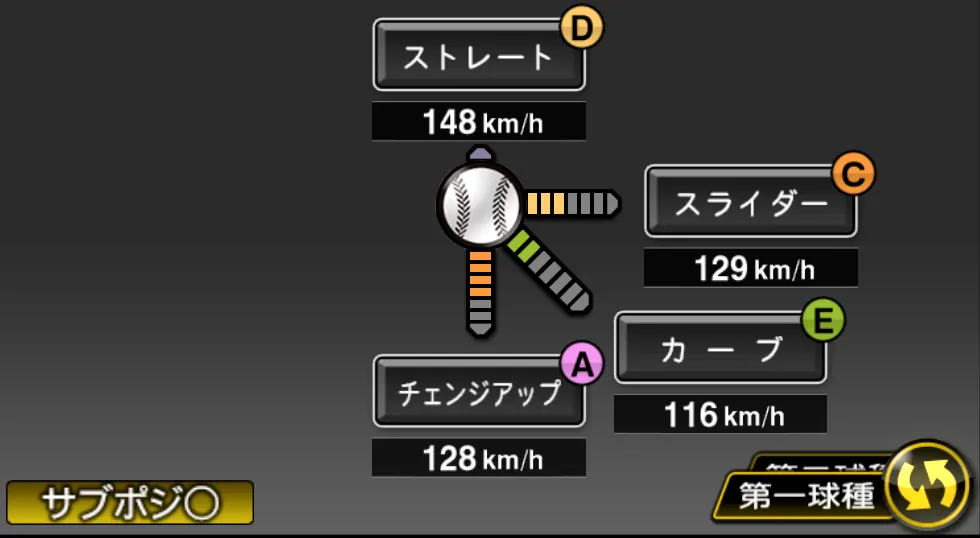 濵口 遥大の球種（ゲーム内の画面）