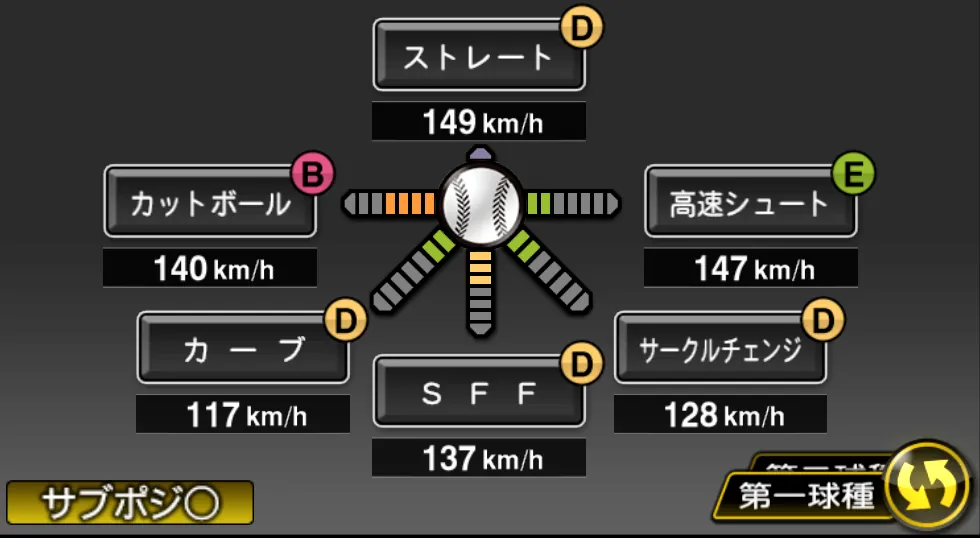 上茶谷 大河の球種(ゲーム内の画面)