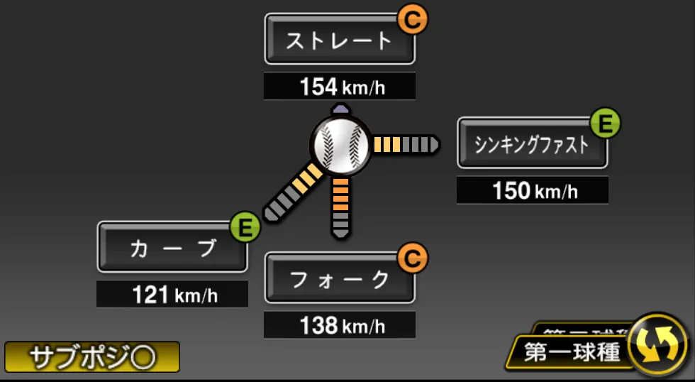 入江 大生の球種（ゲーム内の画面）