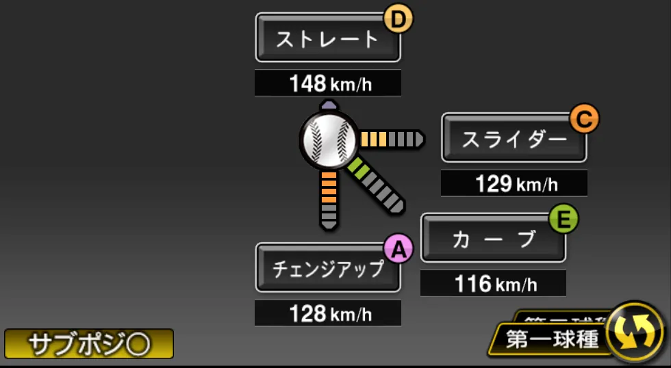 濵口 遥大の球種（ゲーム内の画面）