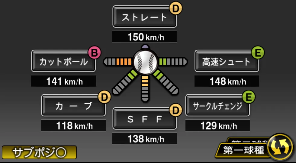 上茶谷 大河の球種（ゲーム内の画面）
