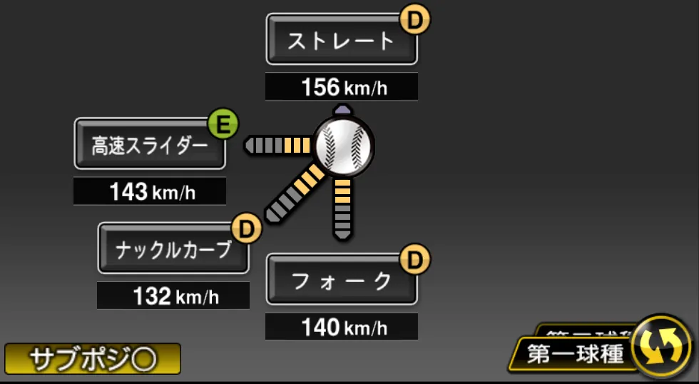 中川 虎大の球種(ゲーム内の画面)